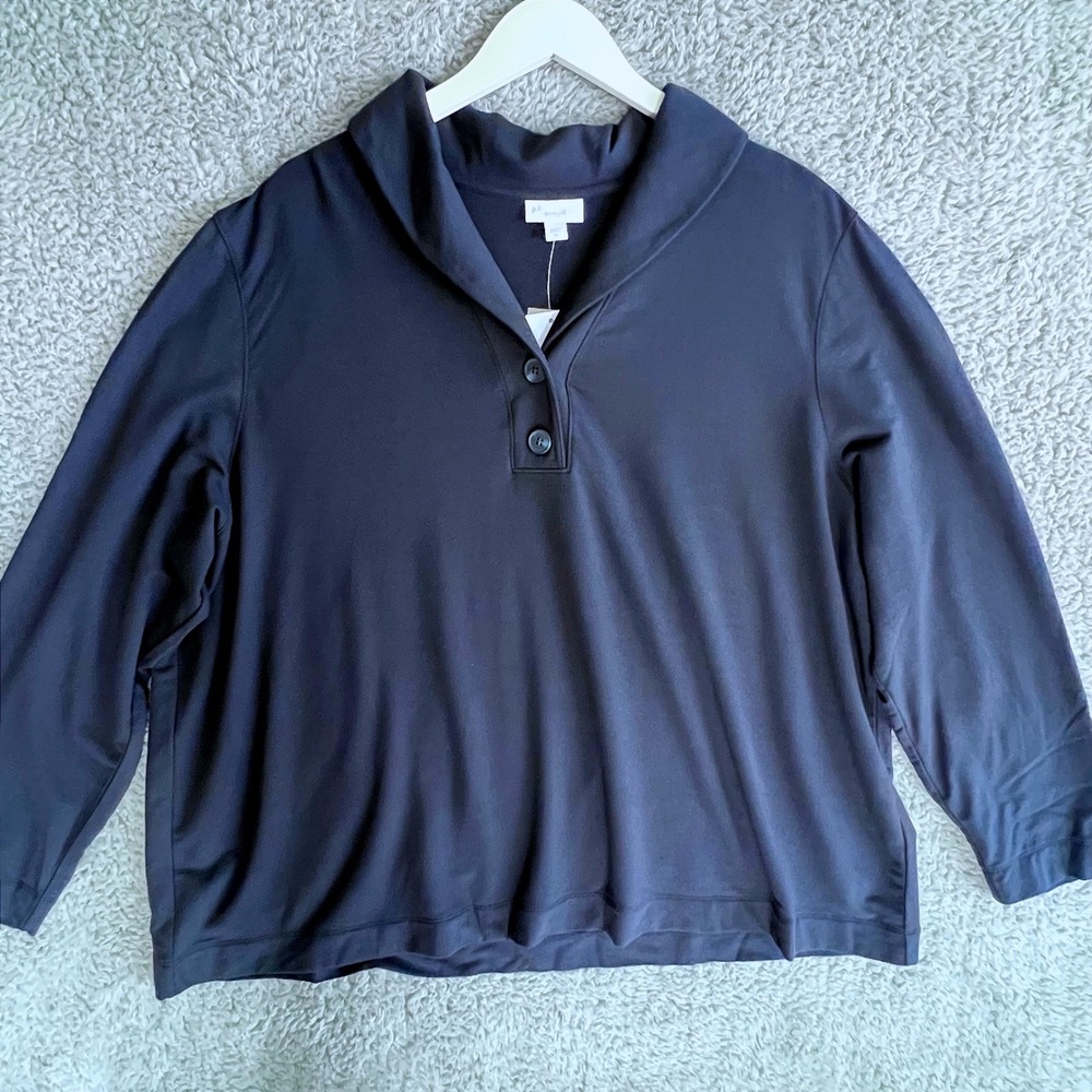 Pure Jill plus size navy blue long sleeve top Shawl Collar 3X 54% Pima Cotton
